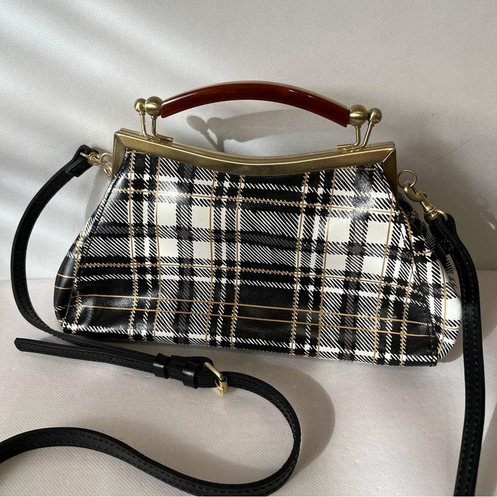 Patricia Nash Kelmscott Frame Satchel Plaid Black White Leather Bag Crossbody